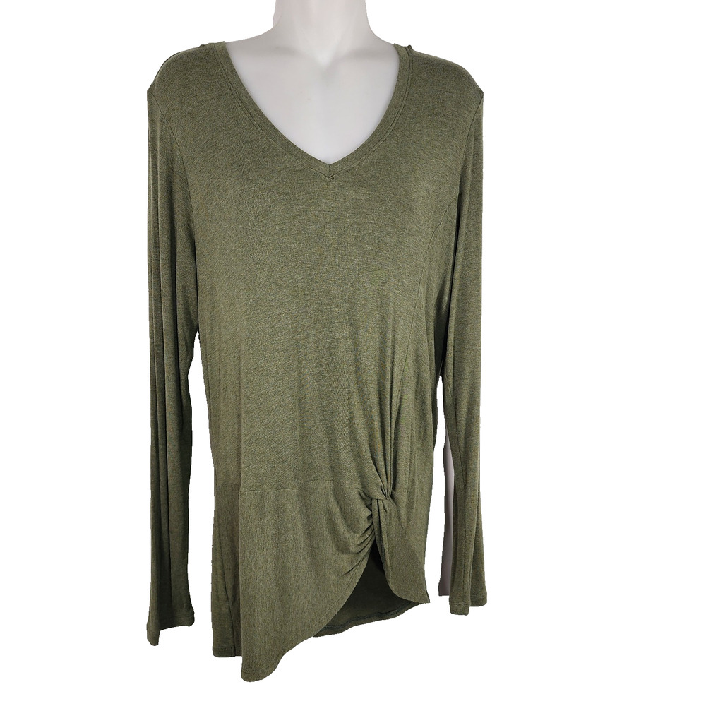 CABI Womens Reveal Tee Army Green Twisted Knot Hem M Long Sleeves Soft Knit 3623